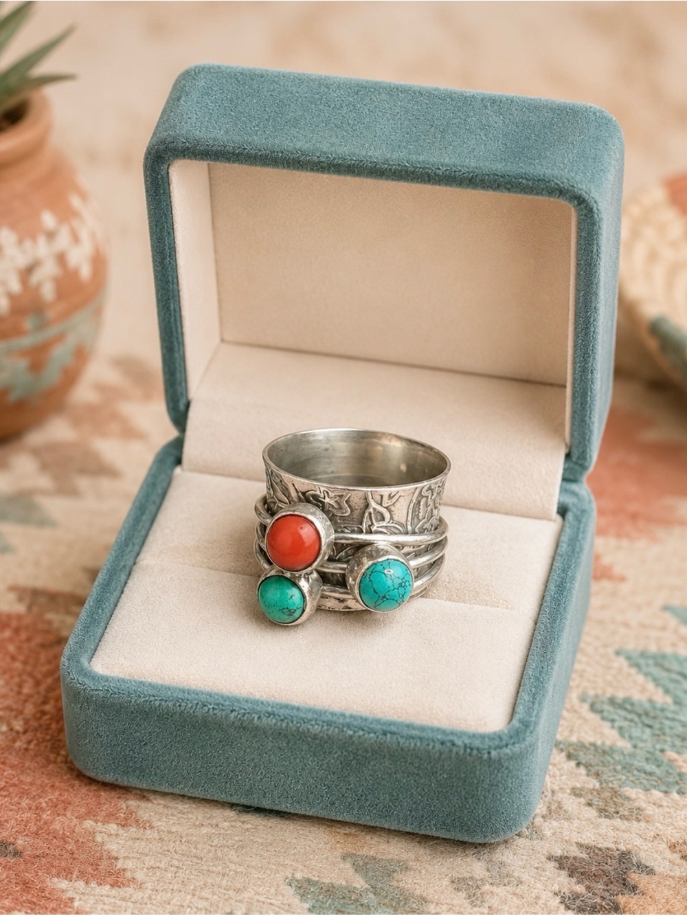 Ring 925 Sterling Silver Spinner Turquoise Coral Artisan Detailed Wide Band